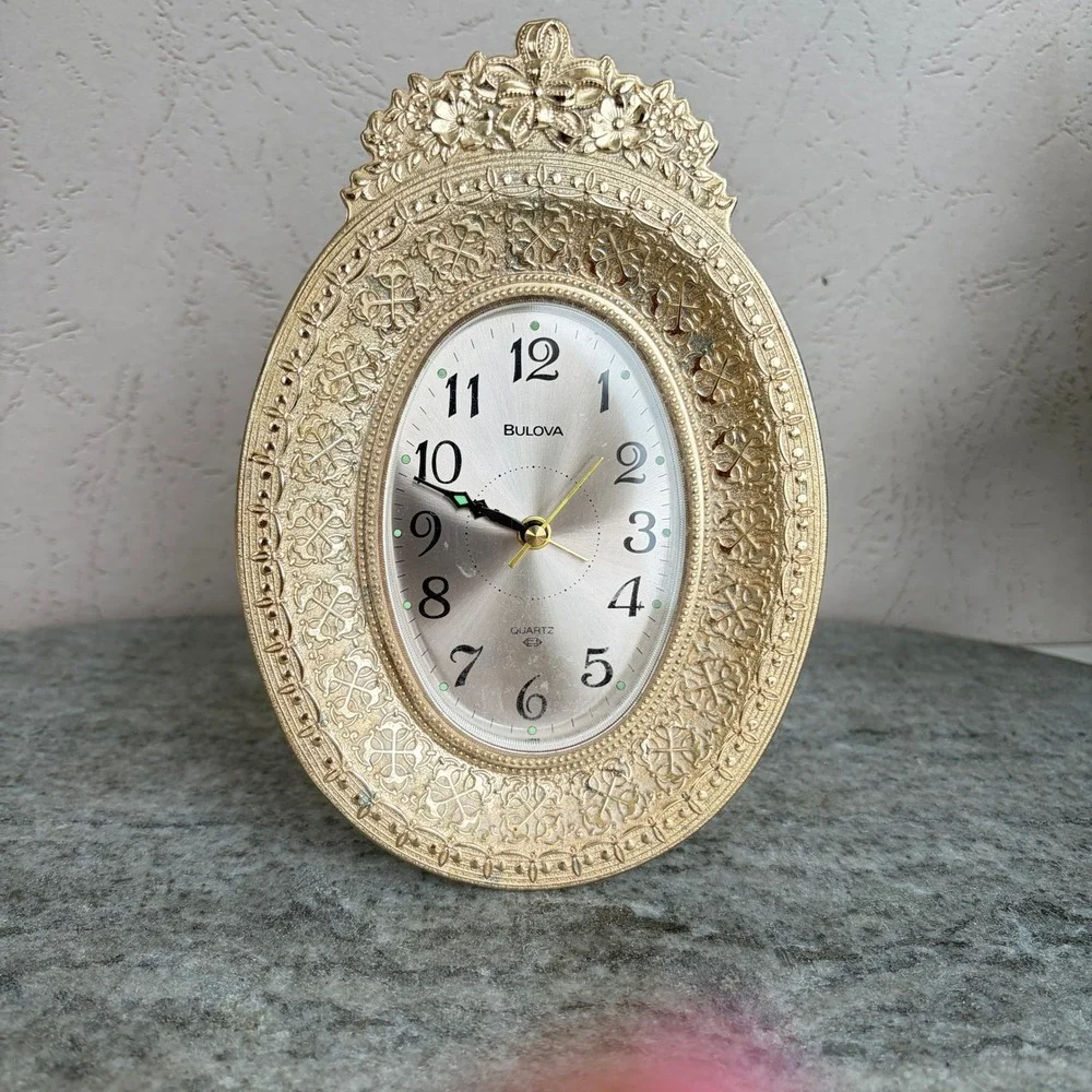 Bulova Quartz Alarm Clock Gold Tone Ornate Filigree Oval Table Desk 4RE708